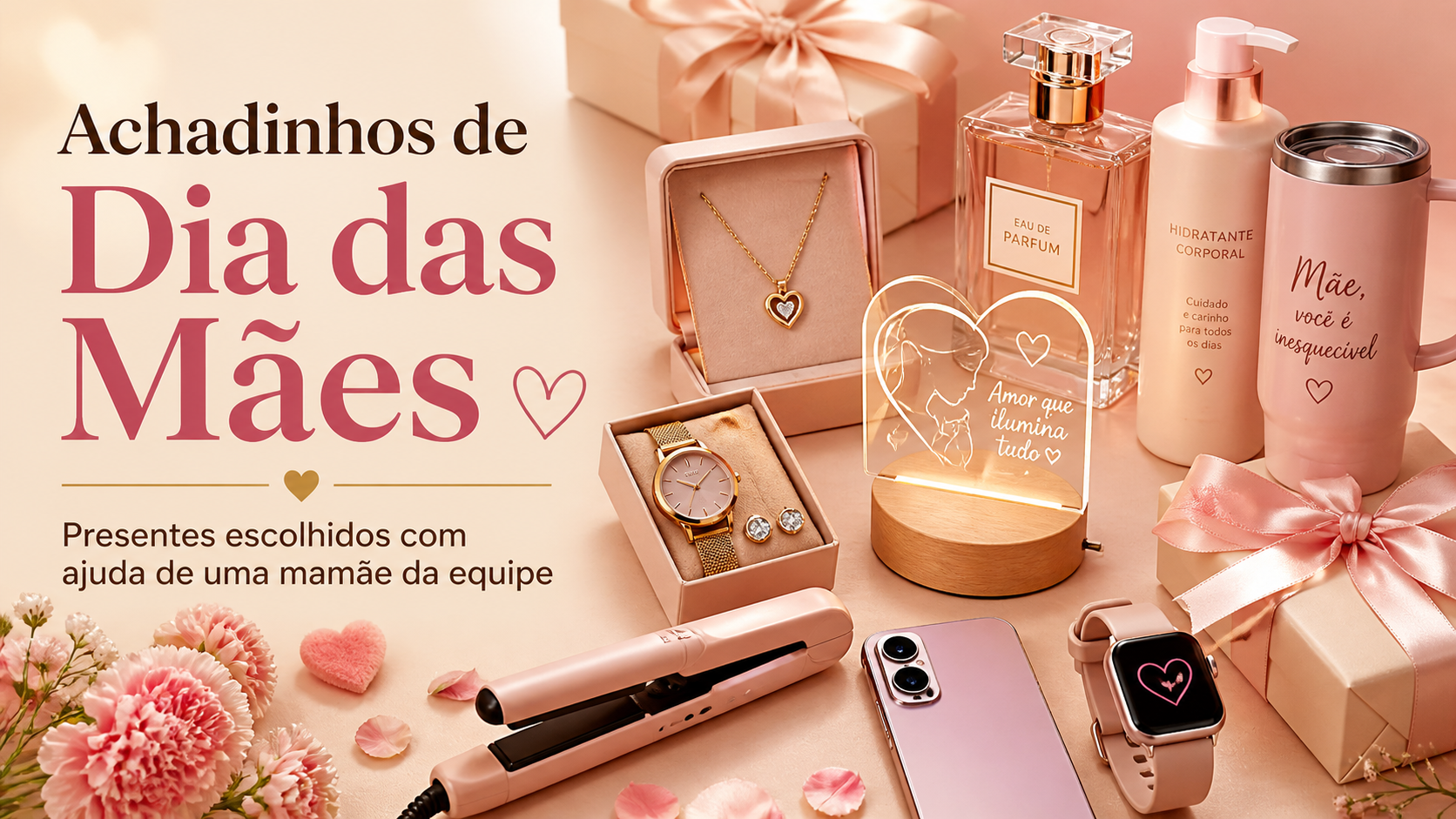 Imagem de capa com presentes de Dia das Mães, incluindo perfume, colar, relógio, hidratante, copo térmico, prancha alisadora e caixas de presente em tons rosa.