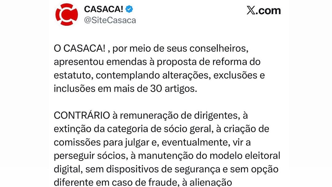 Casaca divulga nota oficial sobre proposta de reforma do estatuto do Vasco